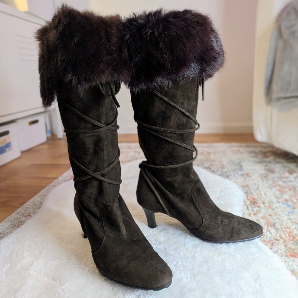 Insolia Vago Vintage 7.5 Real Leather Fur-Trimmed Women's Heeled Baddie boots